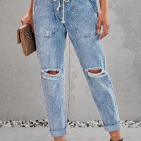 Sky Blue Gather Round Distressed Pocketed Hole Denim Jogger