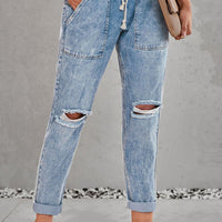 Sky Blue Gather Round Distressed Pocketed Hole Denim Jogger