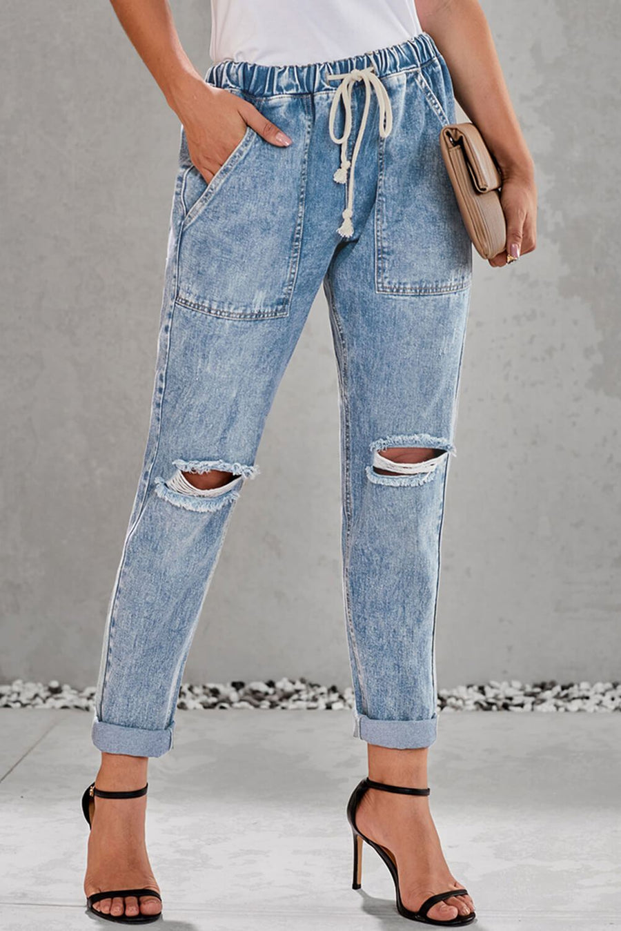 Sky Blue Gather Round Distressed Pocketed Hole Denim Jogger