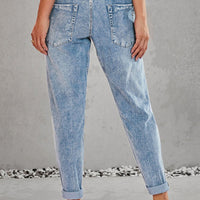 Sky Blue Gather Round Distressed Pocketed Hole Denim Jogger