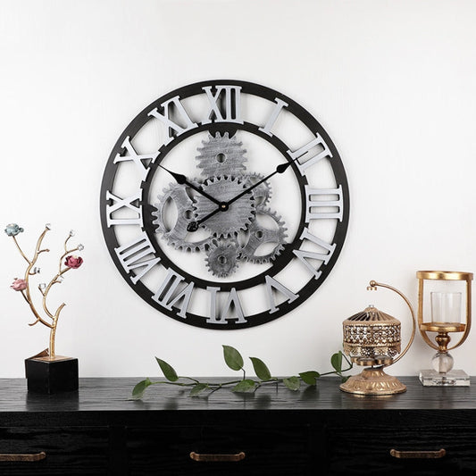 Vintage Wooden Round Gear Silent Wall Clock Rome Number  58cm  6 Gears