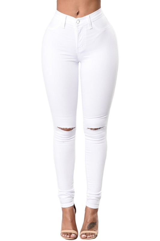 White Trendy Slit Knee Denim Pants Size SML