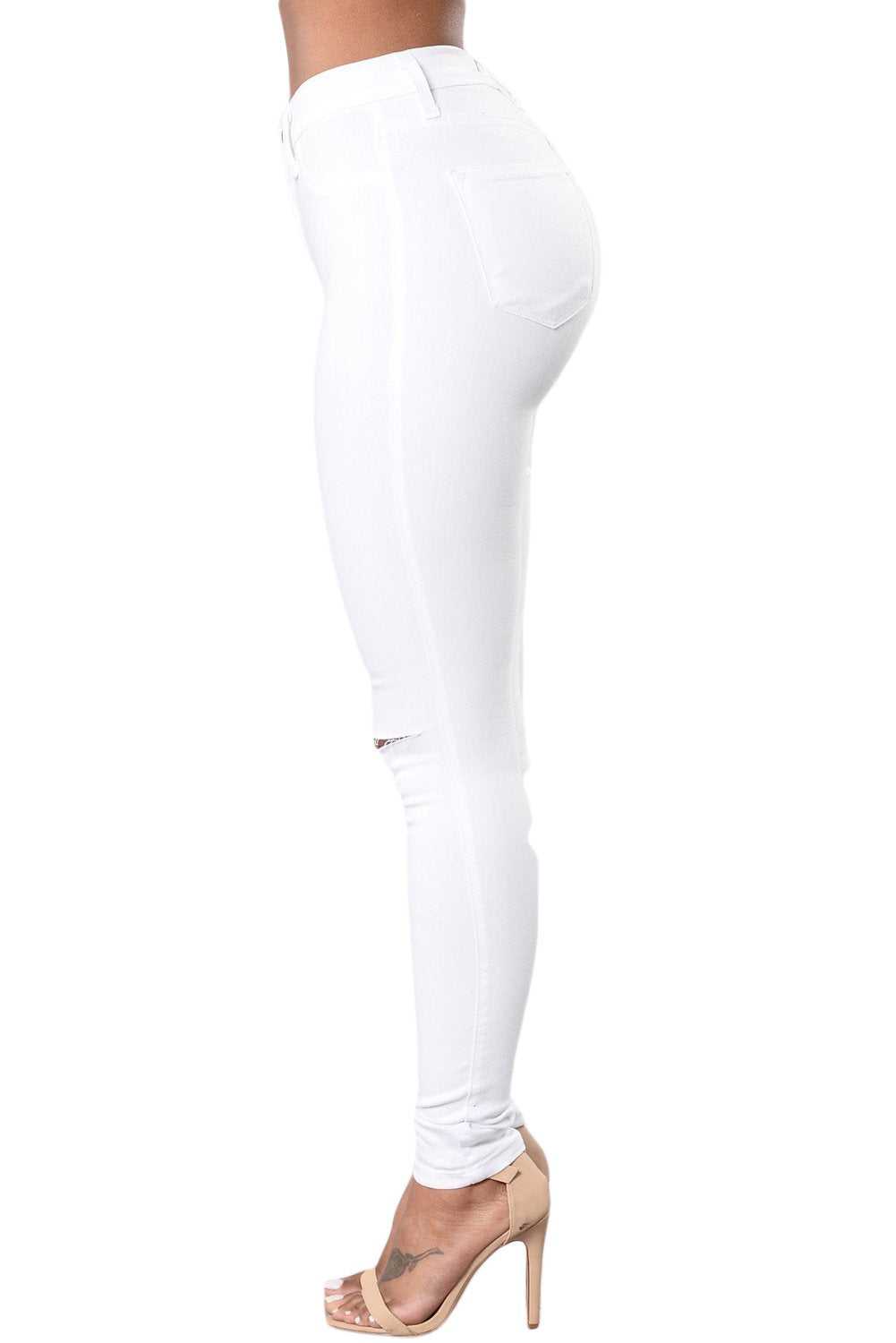 White Trendy Slit Knee Denim Pants Size SML