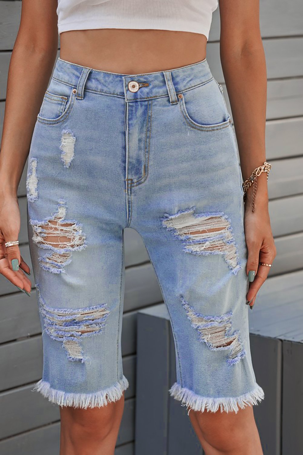 Women's Fashion Light Denim Funky Distressed Jeans  Shorts