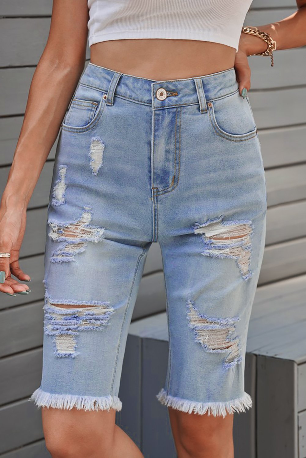 Women's Fashion Light Denim Funky Distressed Jeans  Shorts