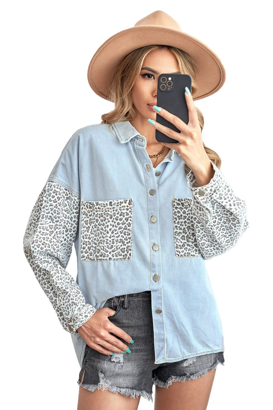 Women's Sky Blue Contrast Leopard Denim Jacket