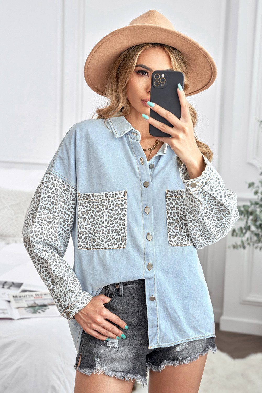 Women's Sky Blue Contrast Leopard Denim Jacket