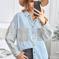 Women's Sky Blue Contrast Leopard Denim Jacket