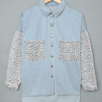 Women's Sky Blue Contrast Leopard Denim Jacket