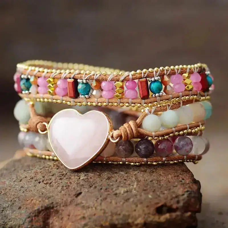 Rose Quartz & Tourmaline Heart Wrap Bracelet