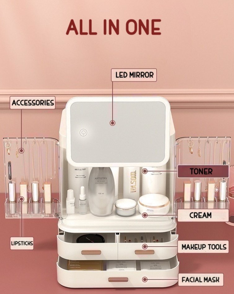 All-in-one Organizer with Led Mirror for Makeup Skincare & Accessories