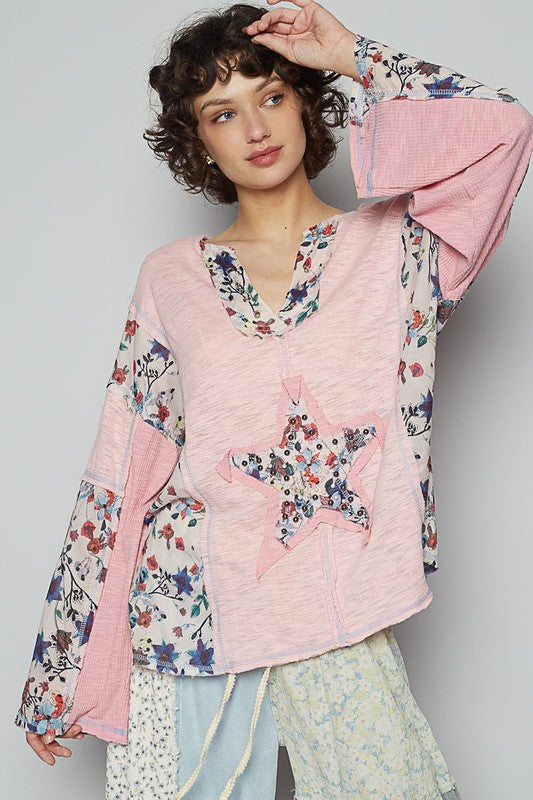 POL Floral Stud Detail Star Patch Notched Long Sleeve T-Shirt