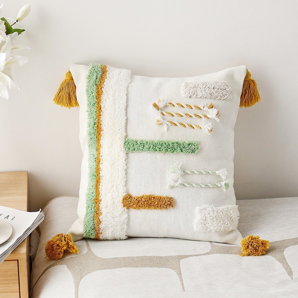 Boho-Inspired Decorative Throw Pillow Cover with Tassels | Hand-Tufted