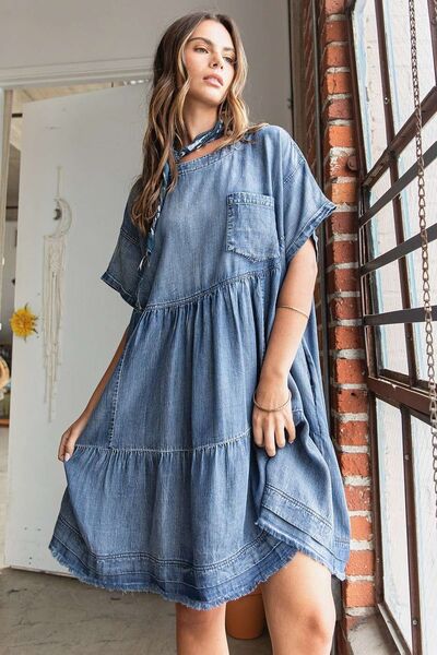 Mittoshop Designer Washed Chambray Denim Oversized Tier Mini Dress