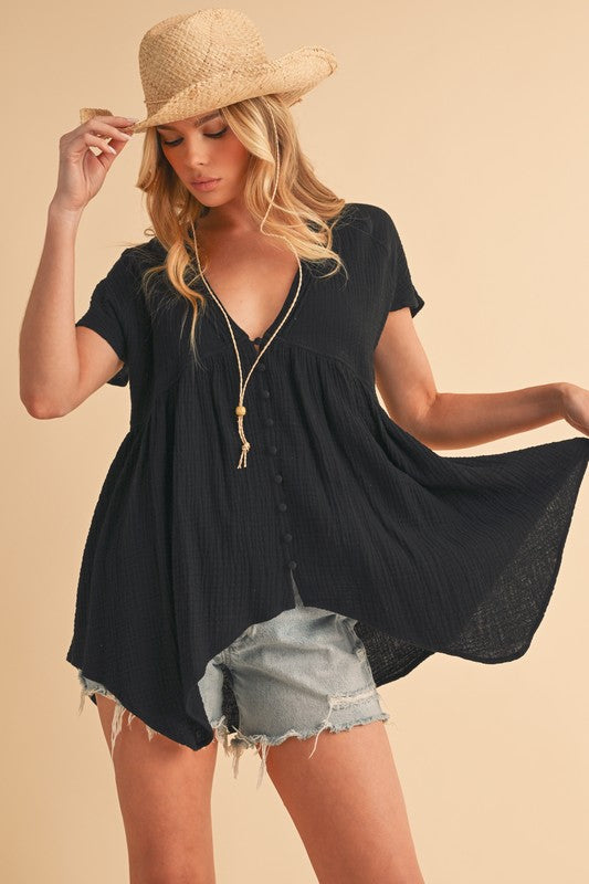 Aemi + Co Tuck Detail V-Neck Short Sleeve Blouse