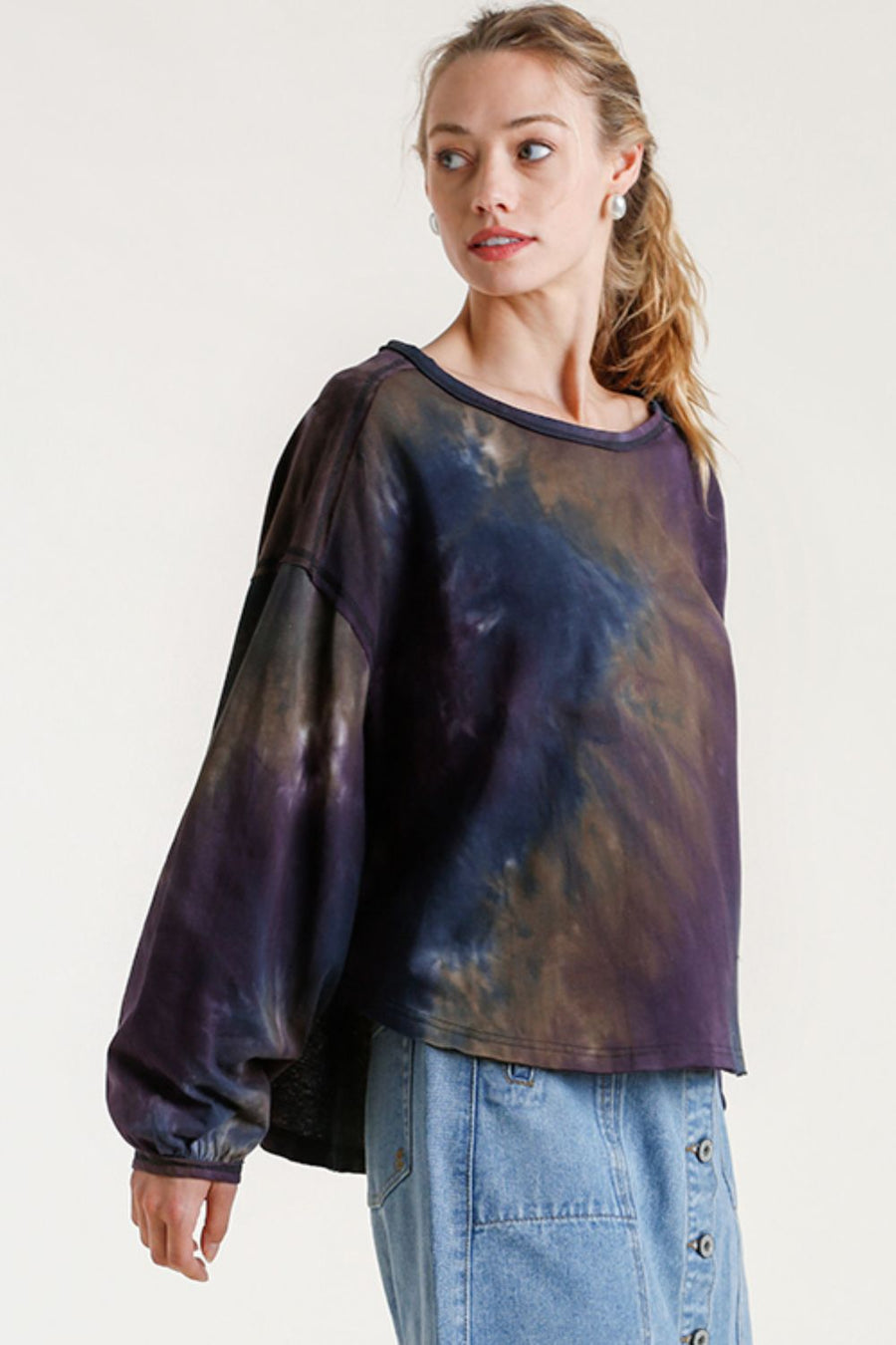 Umgee Full Size Tie Dye Round Neck Long Balloon Sleeve Top Plus Size