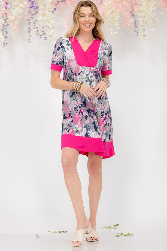 Celeste Full Size Floral Surplice Short Sleeve Dress with Pockets Plus