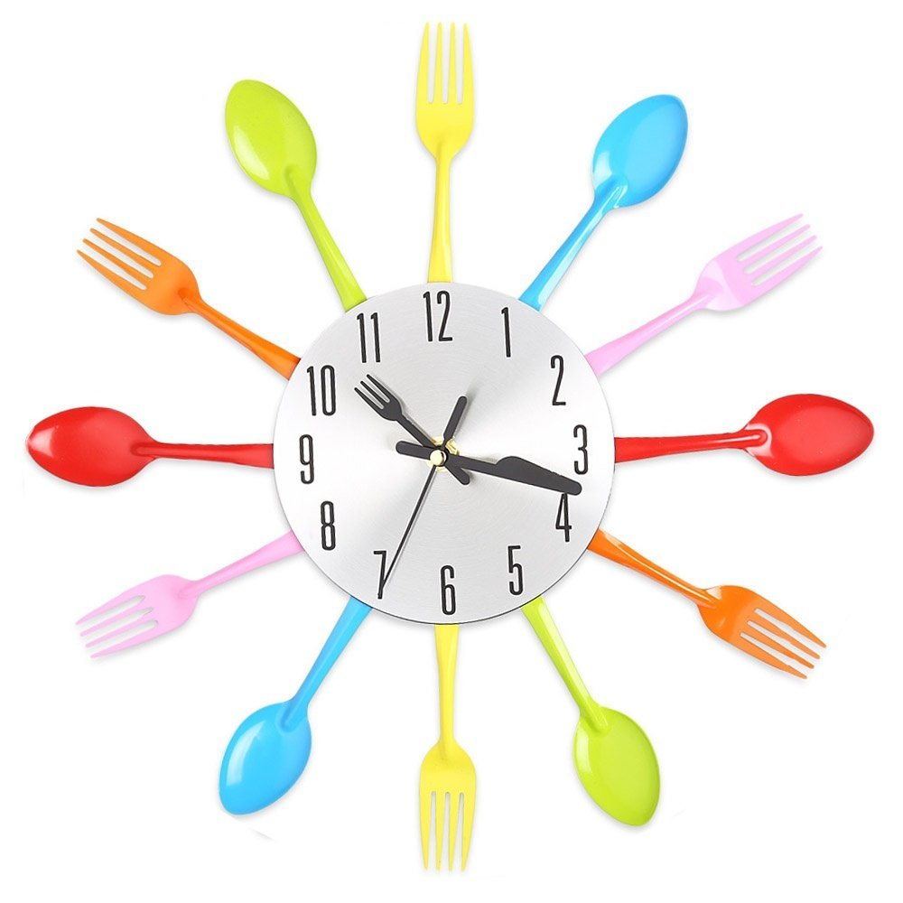 Multi-Color Fork Spoon Cutlery Wall Clock Kitchen Retro