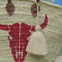 USA ONLY Straw Bag with Hand-Painted Cow Skull