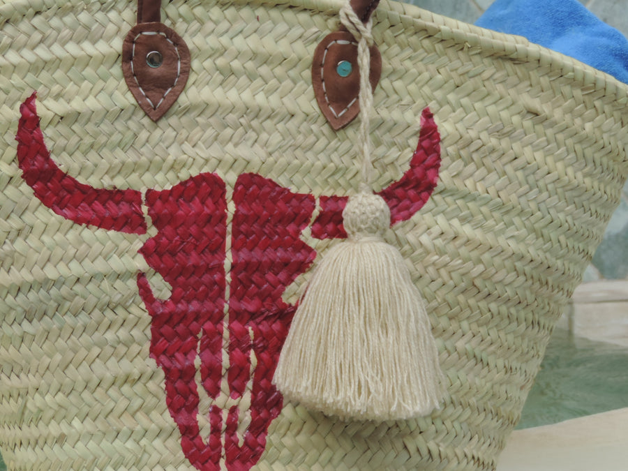 USA ONLY Straw Bag with Hand-Painted Cow Skull