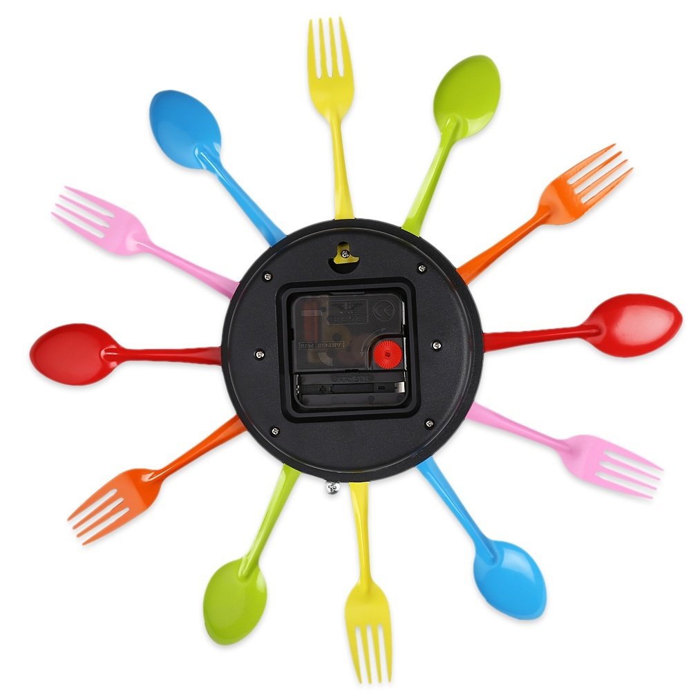 Multi-Color Fork Spoon Cutlery Wall Clock Kitchen Retro