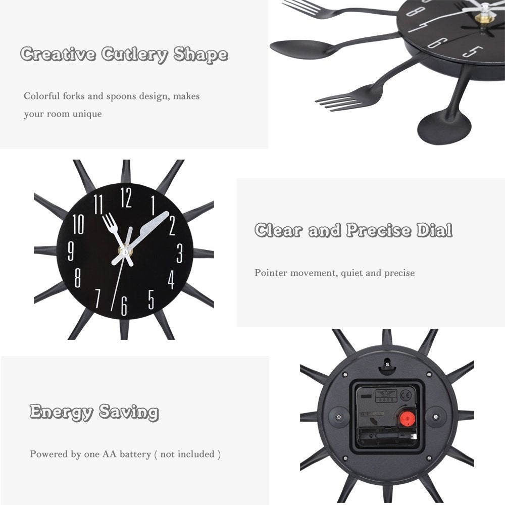 Kitchen Cutlery Wall Clock Black Retro