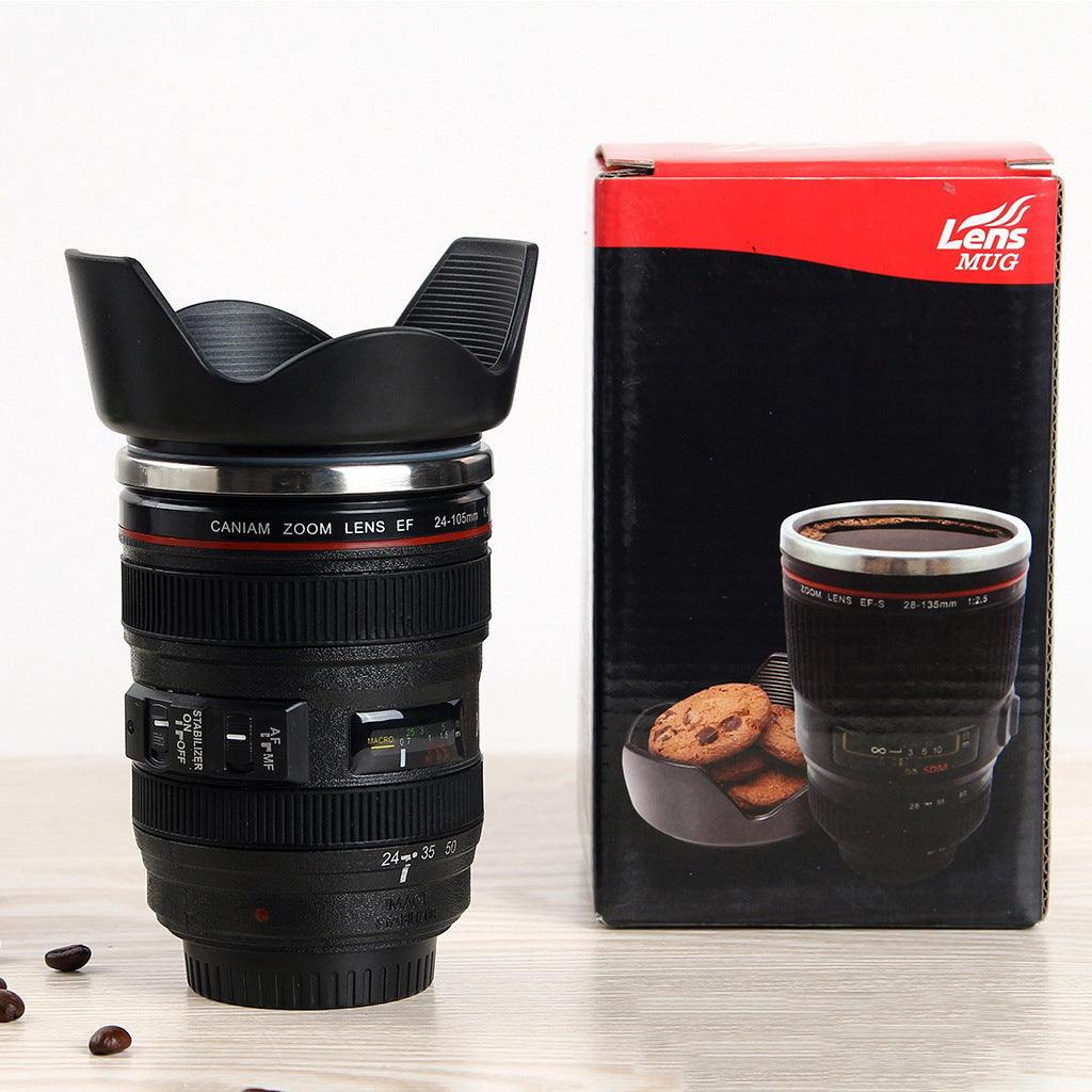 Camera Lens Mug with Flat Lid FDA LFGB approved.