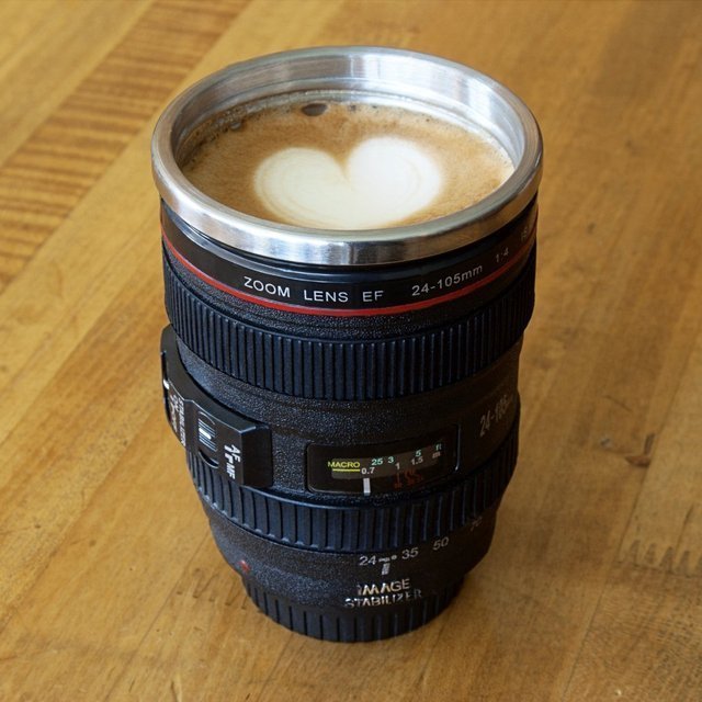 Camera Lens Mug with Flat Lid FDA LFGB approved.