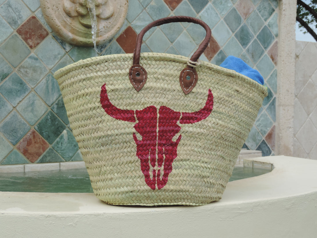 USA ONLY Straw Bag with Hand-Painted Cow Skull