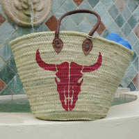 USA ONLY Straw Bag with Hand-Painted Cow Skull