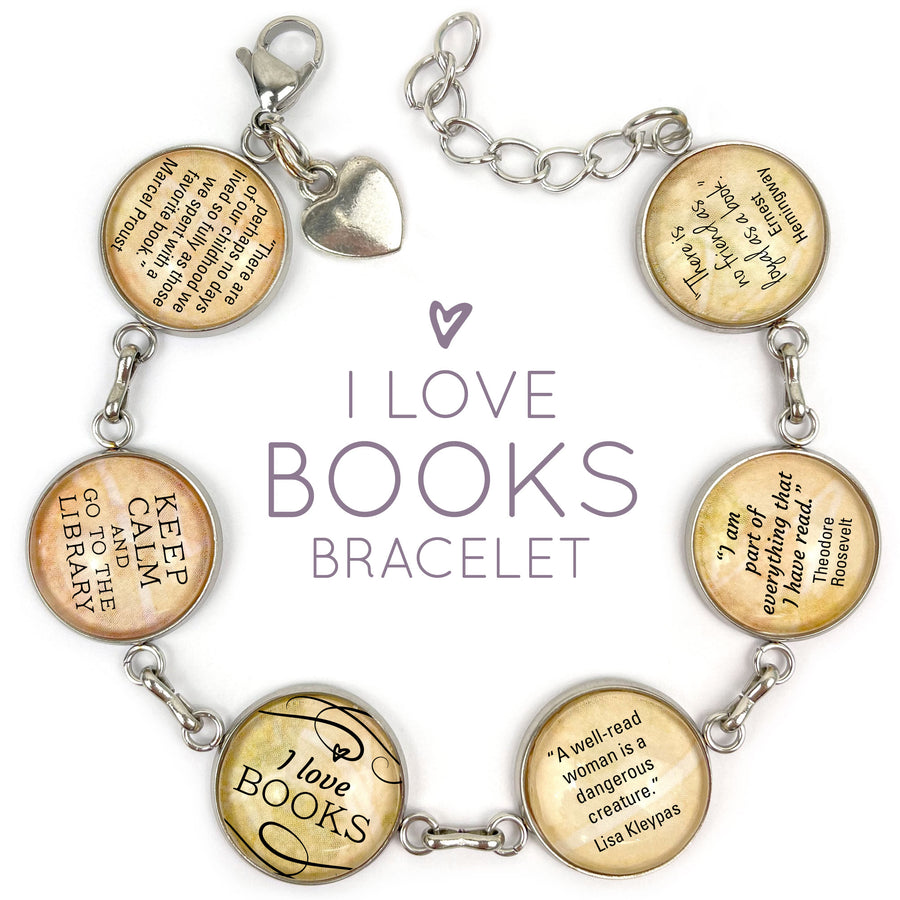 I Love Books - Glass Charm Stainless Steel Bracelet with Dangling