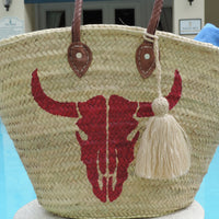 USA ONLY Straw Bag with Hand-Painted Cow Skull