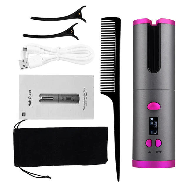 Cordless Curling Iron Automatic Rotating Portable Hair Curler USB