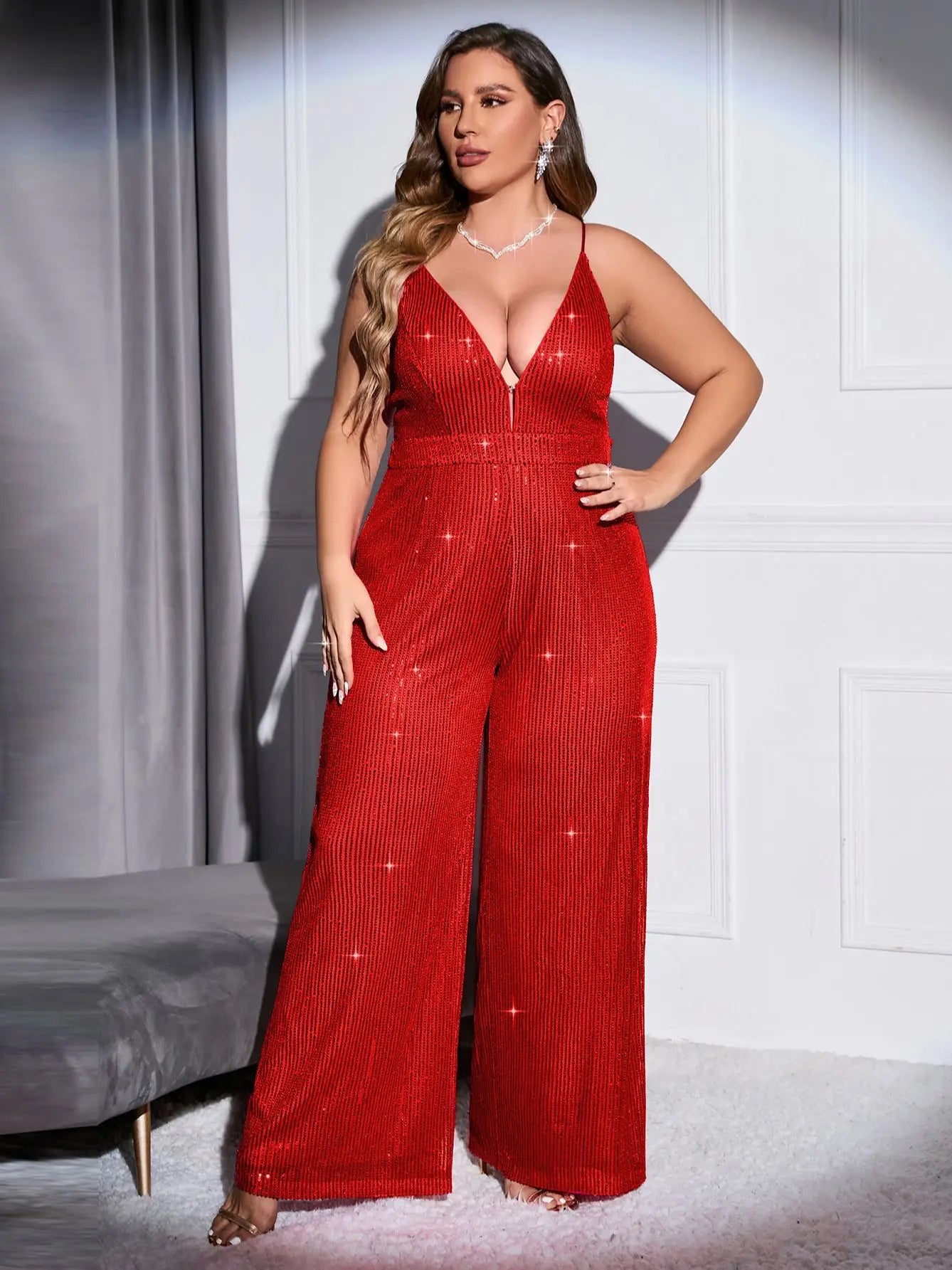 Cinemore 2023 Chic and Elegant Women Jumpsuit Plus Size Sequin Wide Leg trousers Deep V Neck Sexy Cami dresses for Prom Bodysuit