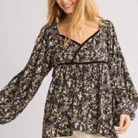 Umgee Full Size Floral Print Velvet Trimmed Balloon Sleeve Top Plus