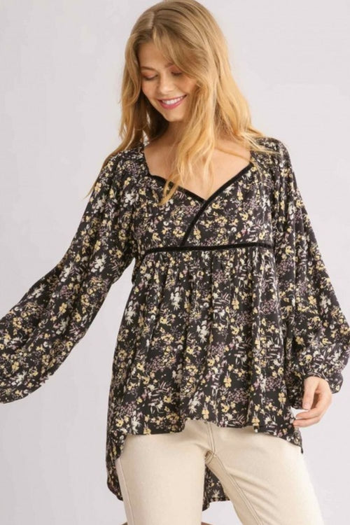 Umgee Full Size Floral Print Velvet Trimmed Balloon Sleeve Top Plus