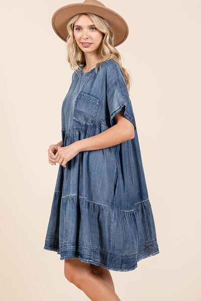 Mittoshop Designer Washed Chambray Denim Oversized Tier Mini Dress