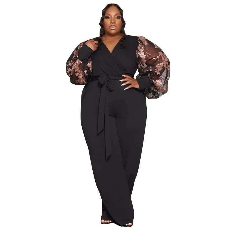 KEXU Plus Size Women Floral Puff Long Mesh Sleeve Wide Leg Straight Jumpsuits Summer Street Sexy Party Club Overall Playsuit