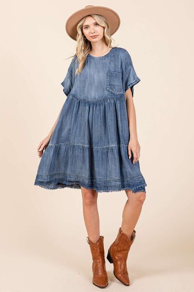 Mittoshop Designer Washed Chambray Denim Oversized Tier Mini Dress