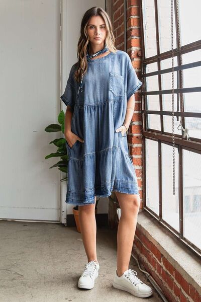 Mittoshop Designer Washed Chambray Denim Oversized Tier Mini Dress