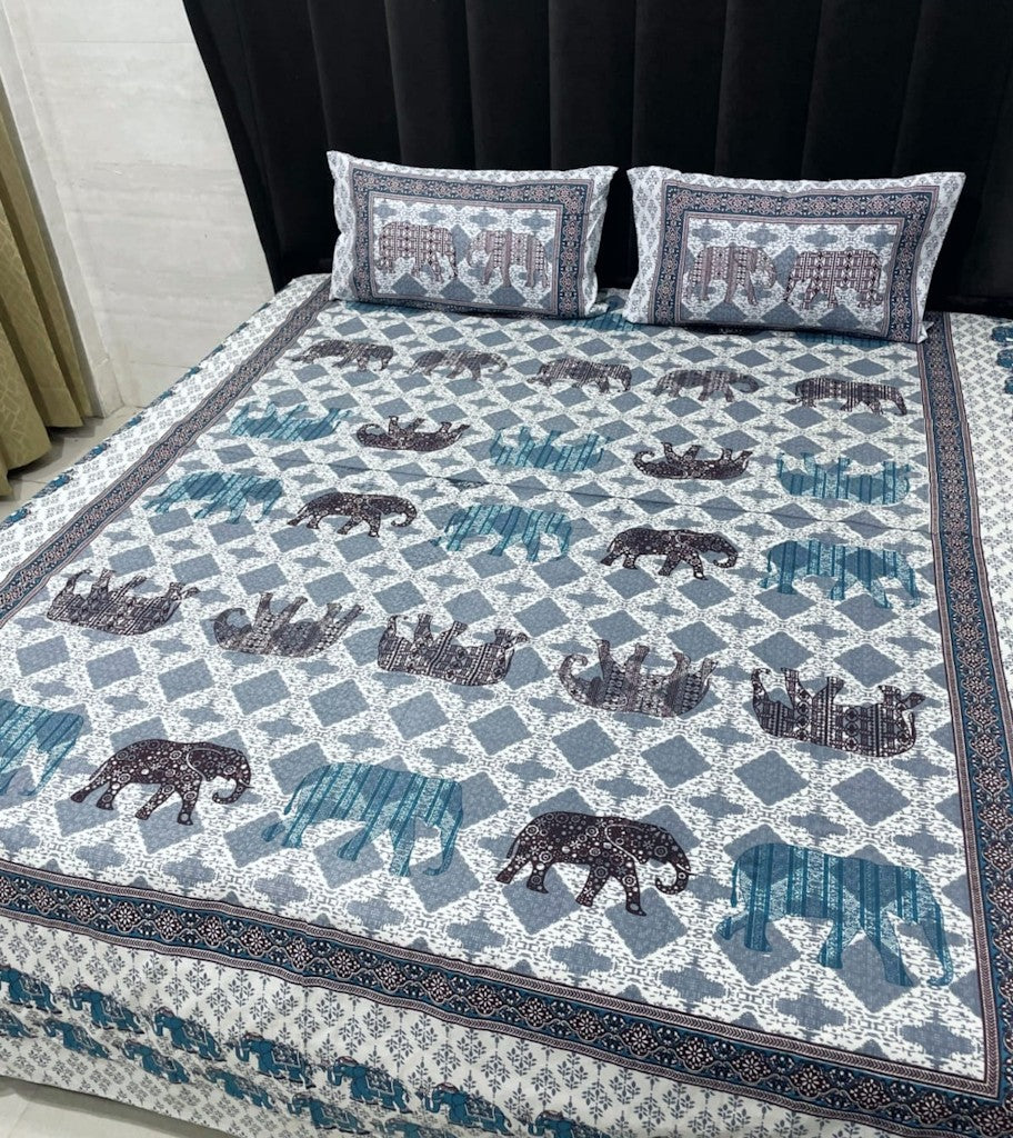 Elephant's Printed Cotton Bedsheets With 2 Matching Pillow Cover Size