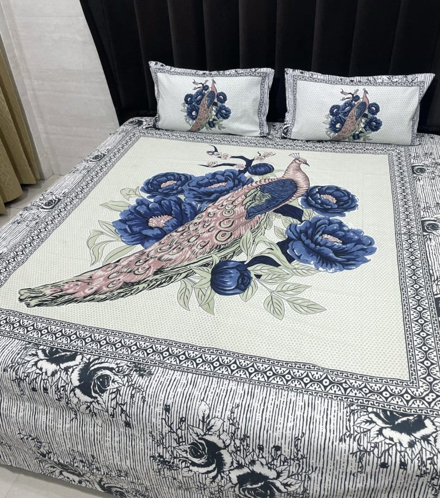 Peacock With Flower Printed Cotton Bedsheets With 2 Matching Pillow