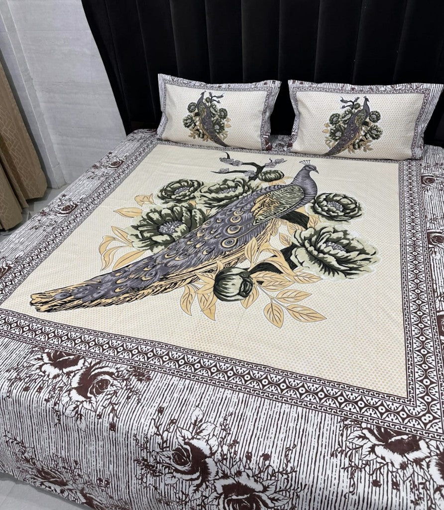 Peacock With Flower Printed Cotton Bedsheets With 2 Matching Pillow