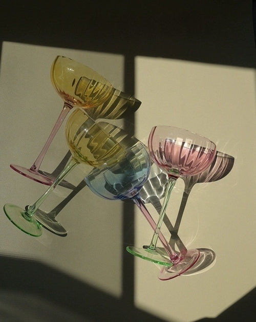 Hand Blown Retro Pastel Coloured Cocktail Glasses Coupe Set of 4 (