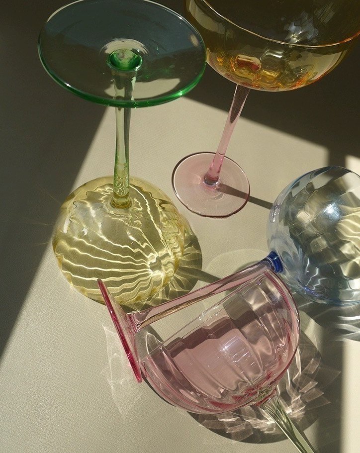 Hand Blown Retro Pastel Coloured Cocktail Glasses Coupe Set of 4 (