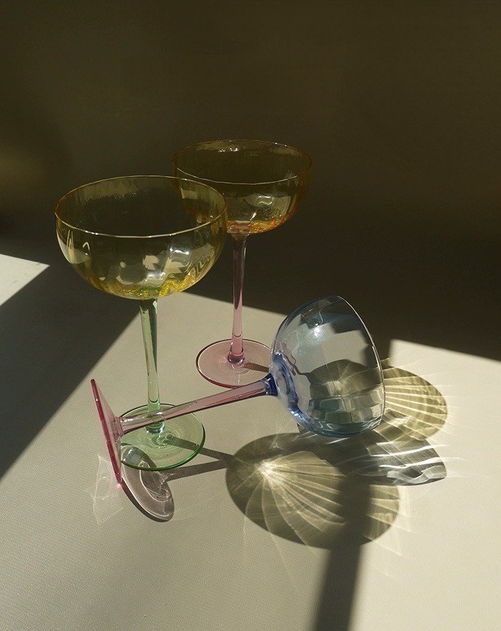 Hand Blown Retro Pastel Coloured Cocktail Glasses Coupe Set of 4 (