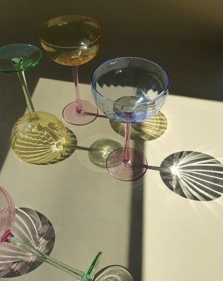 Hand Blown Retro Pastel Coloured Cocktail Glasses Coupe Set of 4 (