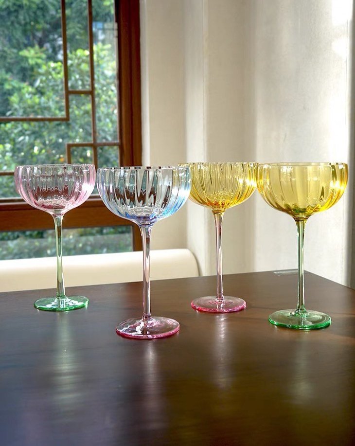 Hand Blown Retro Pastel Coloured Cocktail Glasses Coupe Set of 4 (