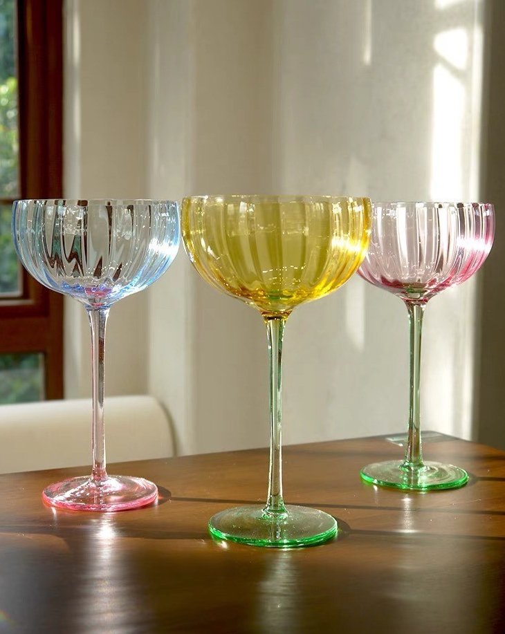 Hand Blown Retro Pastel Coloured Cocktail Glasses Coupe Set of 4 (