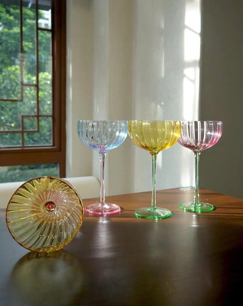 Hand Blown Retro Pastel Coloured Cocktail Glasses Coupe Set of 4 (